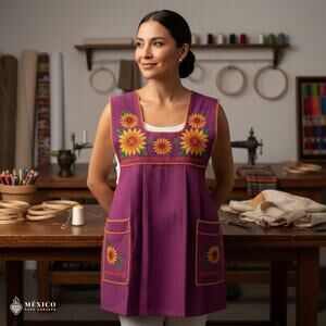 Traditional Mexican Cross-Stitch Embroidered Apron – Deluxe Artisan Smock Style